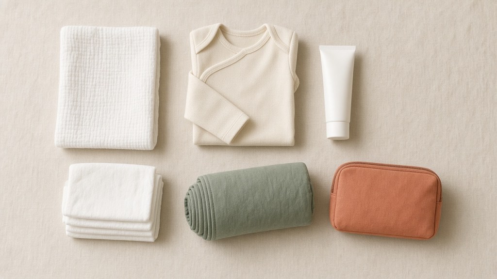 Overhead flat lay of diaper bag basics on cream linen: a muslin cloth, folded diapers, a cream baby bodysuit, a plain tube of balm, a rolled sage changing mat and a terracotta zip pouch