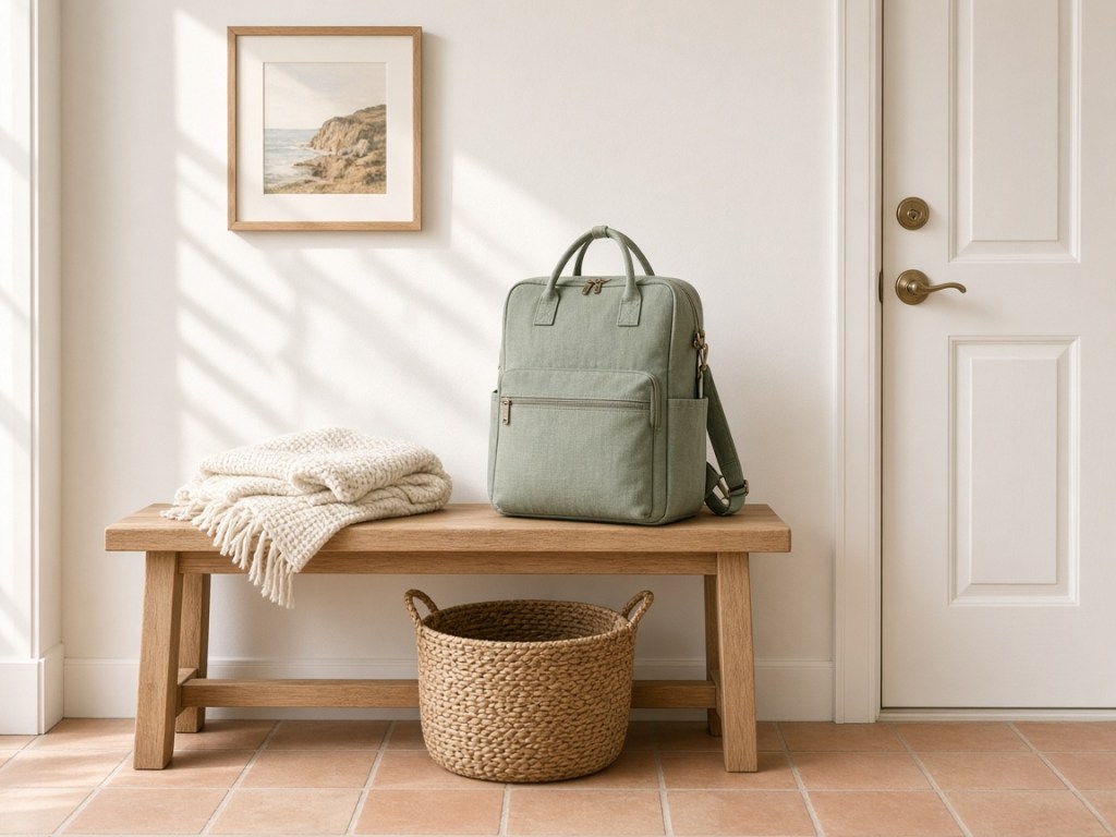A sage-green backpack diaper bag packed and waiting on a wooden entryway bench beside a folded knit blanket, with a woven basket below and the front door to the right